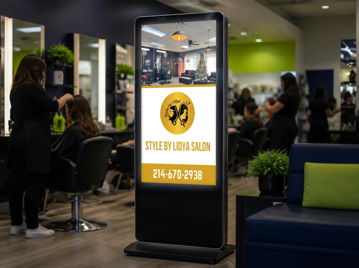 Digital advertising screen installed inside a modern cafe